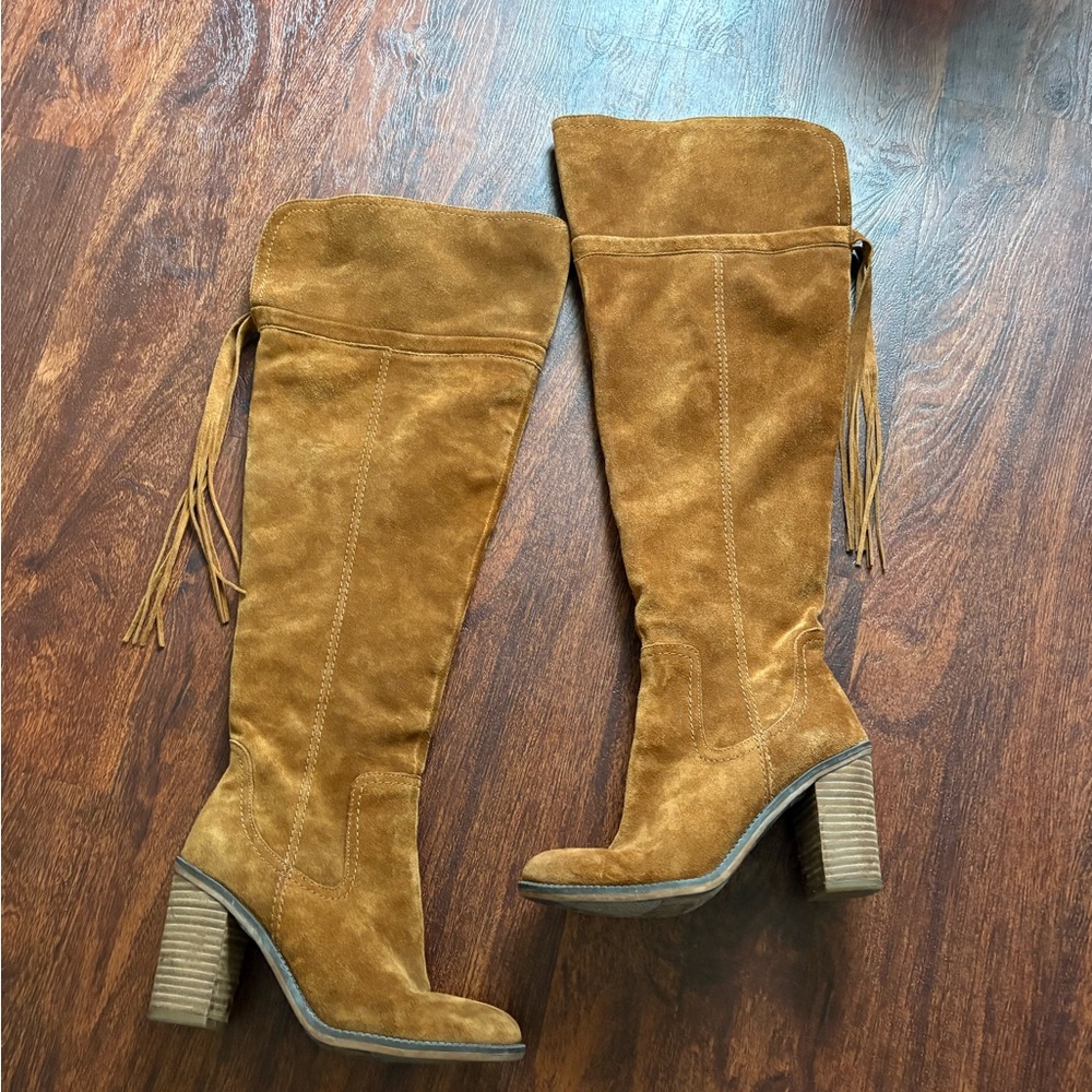 Franco Sarto Tan Over-the-Knee Boots with Stacked Heel